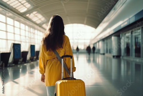 back view woman walking with luggage at airport, preparing for business travel, AI generated