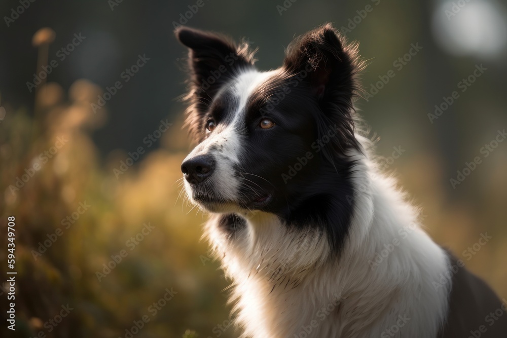The Border Collie in this environmental portrait is a magnificent sight against a serene park landscape.
