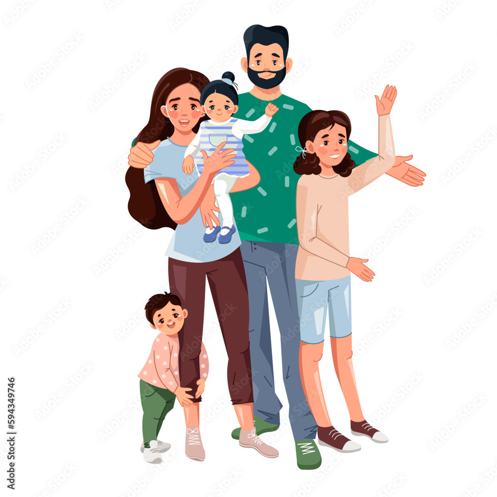Naklejka premium A happy young family with children. Mom, Dad and kids. Vector illustration in cartoon style isolated on a white background