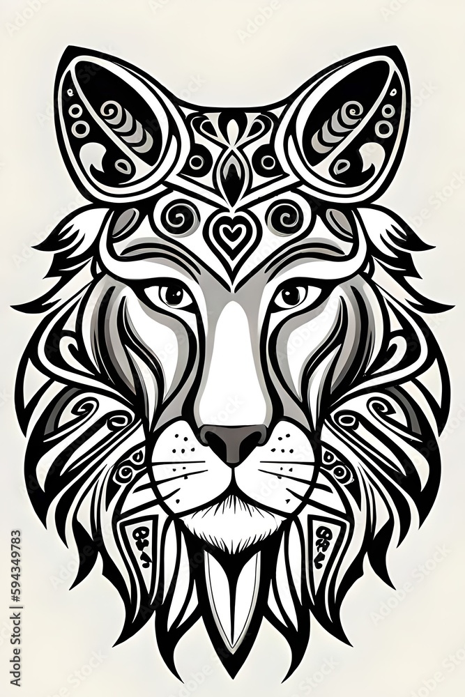 digital illustration, abstract LION pattern, black and white folklore motif, isolated on white background, vector texture, bear design in the middle, modern fashion print 