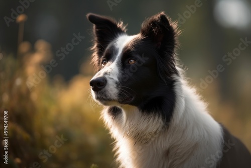 The Border Collie in this environmental portrait is a magnificent sight against a serene park landscape. 
