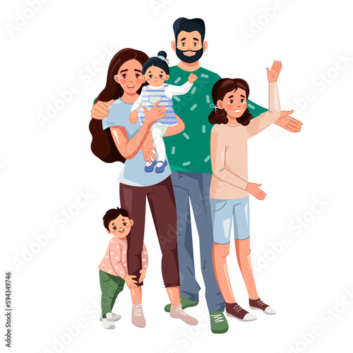 A happy young family with children. Mom, Dad and kids. Vector illustration in cartoon style isolated on a white background