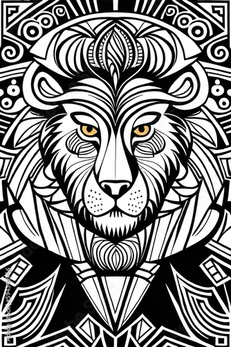 digital illustration  abstract LION pattern  black and white folklore motif  isolated on white background  vector texture  bear design in the middle  modern fashion print 