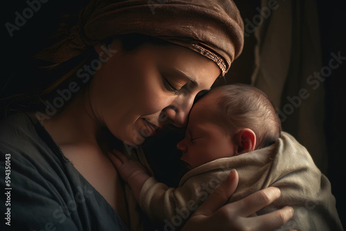 Mother hugging her newborn baby , loving, joyful, AI generated © Nattawat