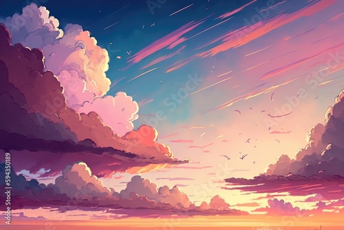 Pastel sunset sky and clouds drawing background, cartoon style, AI generated