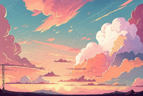 Pastel sunset sky and clouds drawing background  cartoon manga style  AI generated