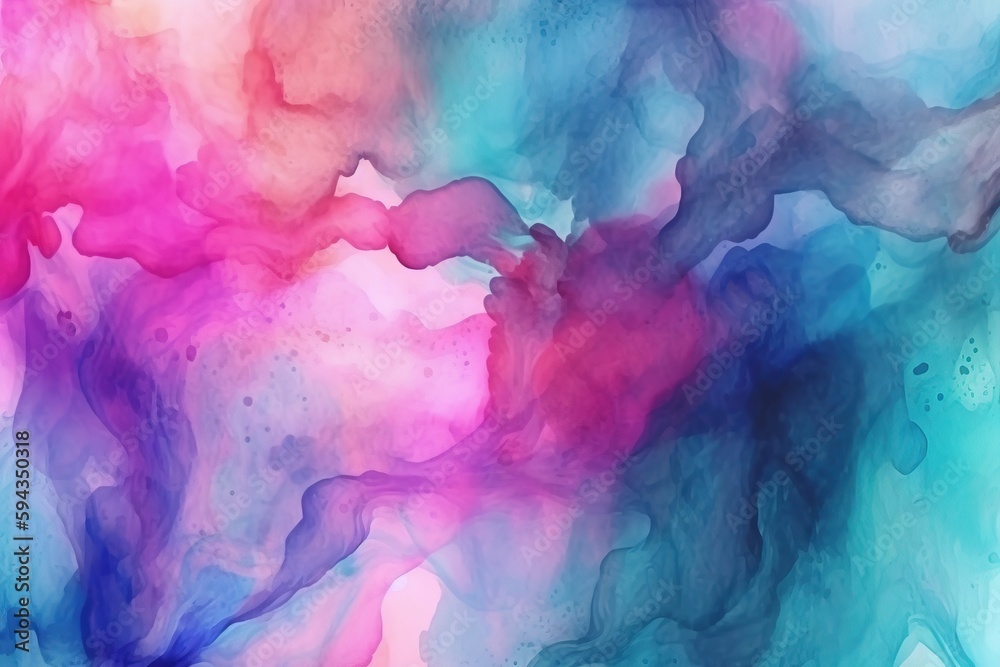  an abstract painting of blue, pink, and purple colors on a white background with a black outline in the center of the image and bottom right corner of the image.  generative ai