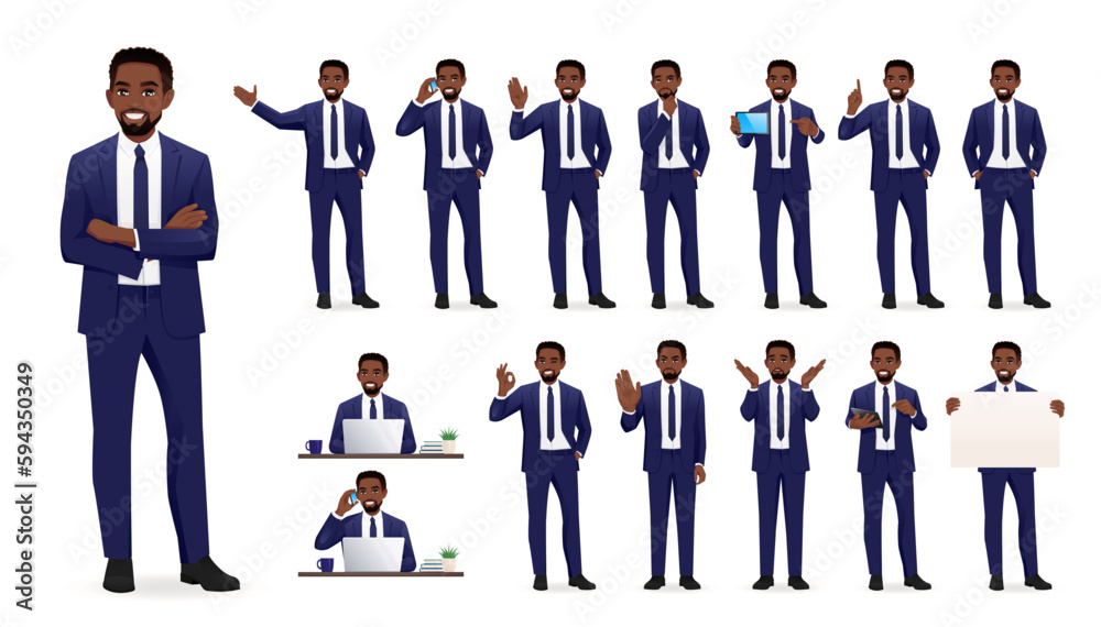 African business young man in suit. Different poses set. Various gestures male character standing and sitting at the desk isolated vector illustration