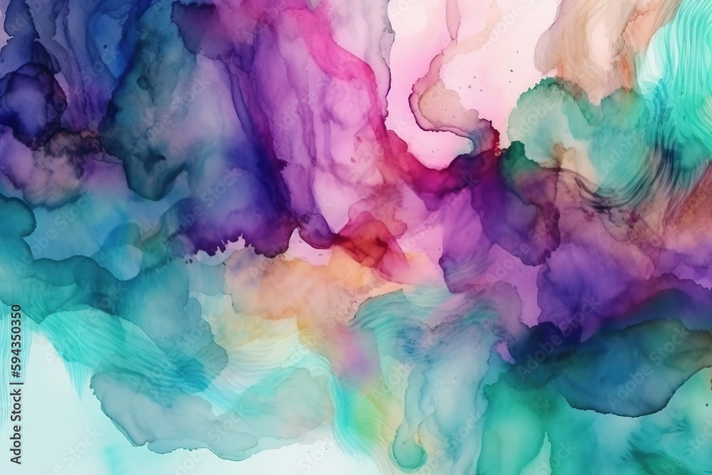  an abstract painting of blue, purple, and green colors on a white background with watercolors and inks on it, and the bottom layer of the image is a mixture of watercolor.  generative ai