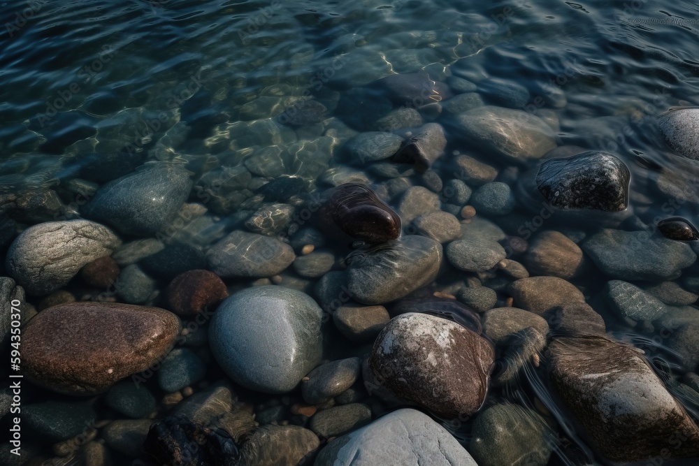  a bunch of rocks sitting on top of a body of water next to a body of water with a boat in the distance behind it.  generative ai