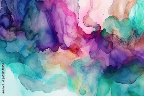  an abstract painting of blue, purple, and green colors on a white background with watercolors and inks on it, and the bottom layer of the image is a mixture of watercolor.  generative ai © Shanti