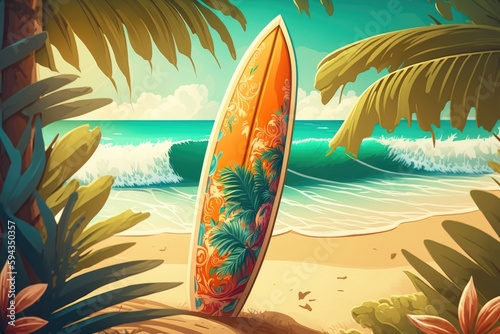 Surfboard on tropical beach, colorful, summer, illustration design, AI generated © Nattawat