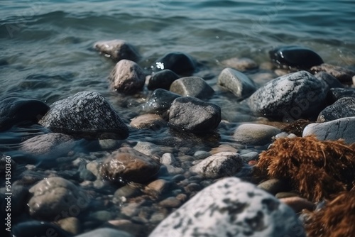  rocks and seaweed on the shore of a lake with water in the background and a rocky shore line in the foreground with a blue sky in the background. generative ai