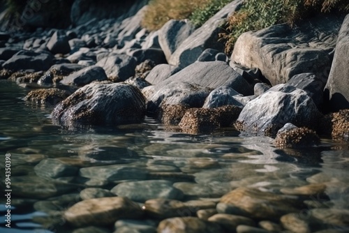  a rocky shore line with a body of water surrounded by large rocks and grass on either side of the shore and grass on the other side of the shore. generative ai