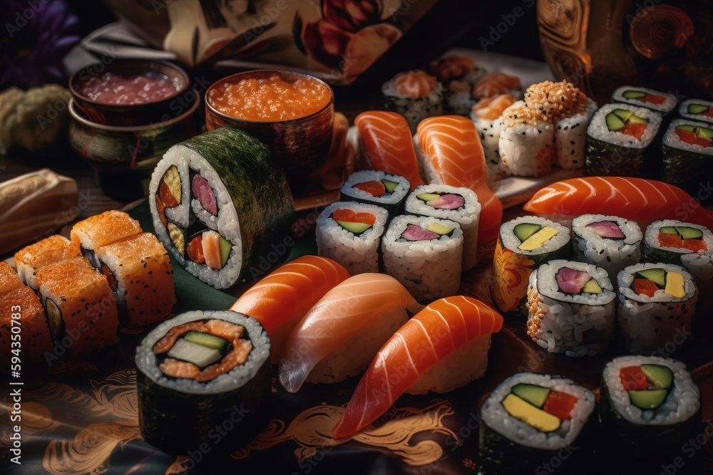  sushi and other food items are arranged on a table with a bowl of dipping sauce and a bowl of dipping sauce on the side.  generative ai