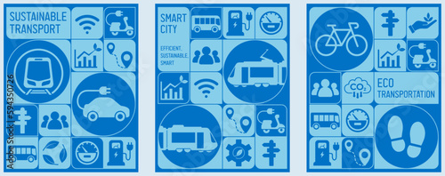New Mobility, New Possibilities: Embrace Sustainable Transportation and Help Build a Greener Future. Vector poster, background, Banner, template, icons with Rail, Tram, electric car and Bike Options.