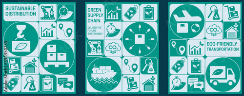 Green movement with sustainable logistics and smart solutions for eco-friendly transportation. Concept with connected icons related to sustainable transport shipping, smart solutions for cargo. vector