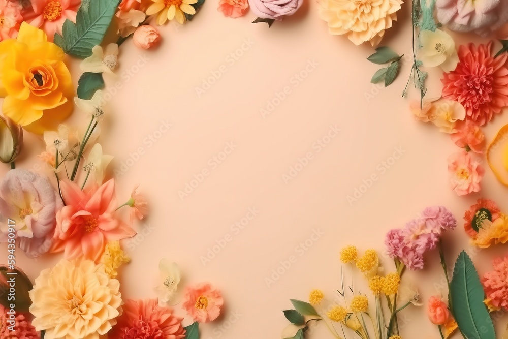 an overhead view of a bunch of flowers on a pink background with a place for a text or an image to put on a card. generative ai an overhead view of a bunch of flowers on a pink background with a place for a text or an image to put on a card. generative ai