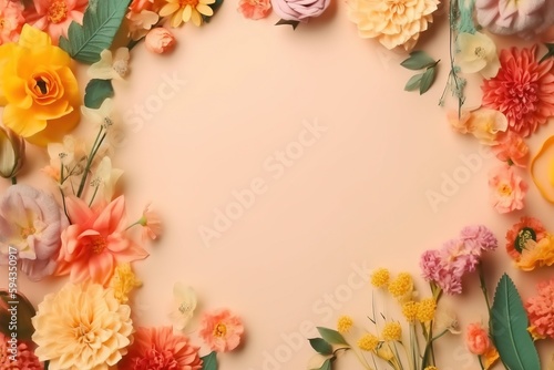  an overhead view of a bunch of flowers on a pink background with a place for a text or an image to put on a card. generative ai