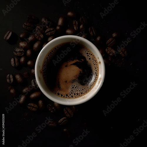 Top Down Shot, Coffee, Cinematic Shot, Dark Background Slightly Blurred with some Cocoa Beans Generated with AI