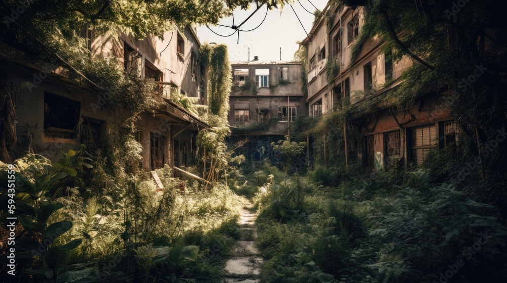 Abandoned town slowly being reclaimed by nature - Generative AI
