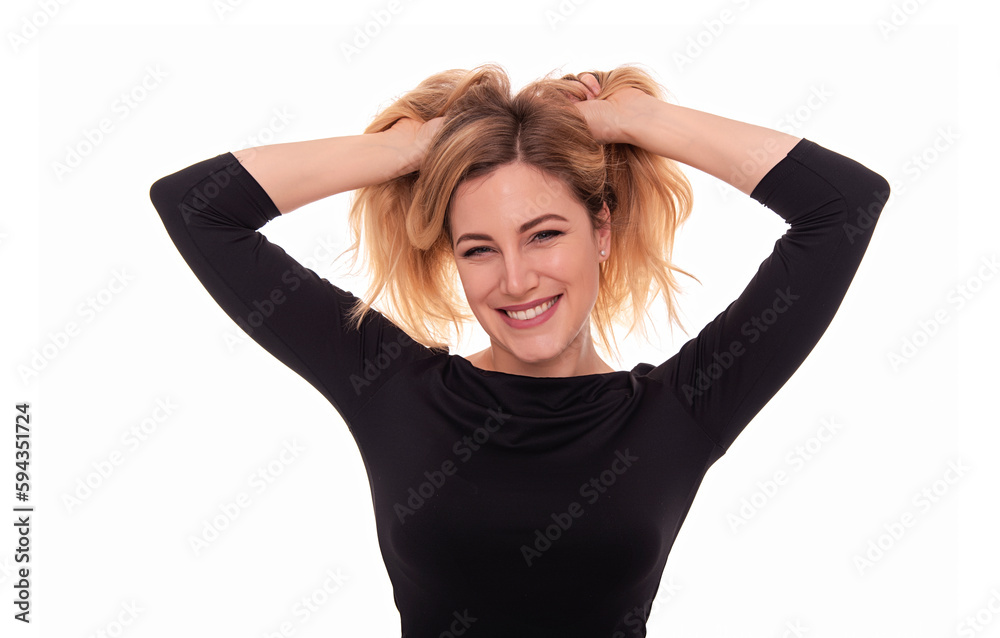 Beautiful blonde woman in a dark blouse on a white background. Beautiful blonde woman in a dark blouse on a white background.
