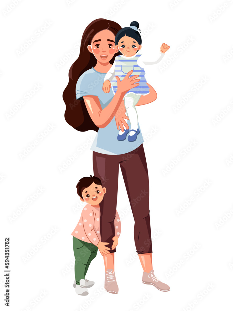 Happy mom with small children. A young mother holds a baby in her arms. Family. Vector illustration in cartoon style on a white background Happy mom with small children. A young mother holds a baby in her arms. Family. Vector illustration in cartoon style on a white background