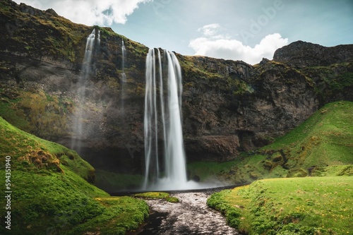 Mesmerizing landscape of the Seljalandsfoss waterfall in Iceland
