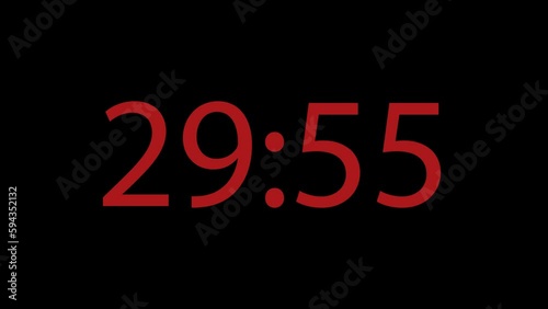 Digital clock 30 minutes countdown timer animation on black background. 4k footage.