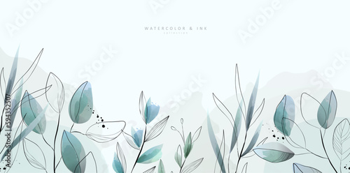 Watercolor bakground with leaves. Floral foliage for wedding invitation, wall art or card template. Vector illustration. Luxury rustic trendy