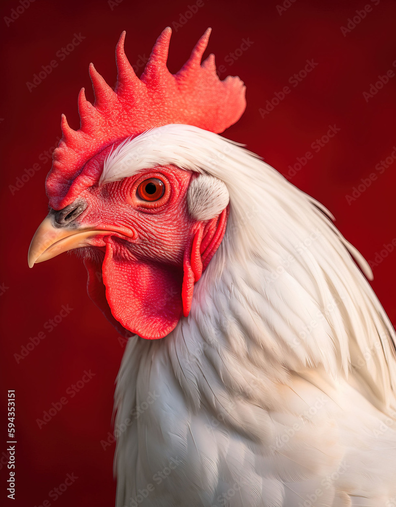 White rooster close up on red background, Generative AI