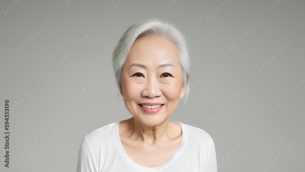 Portrait of mature beautiful woman with grey hairstyle and white top. Model studio shot. Copy space. Generative AI Portrait of mature beautiful woman with grey hairstyle and white top. Model studio shot. Copy space. Generative AI