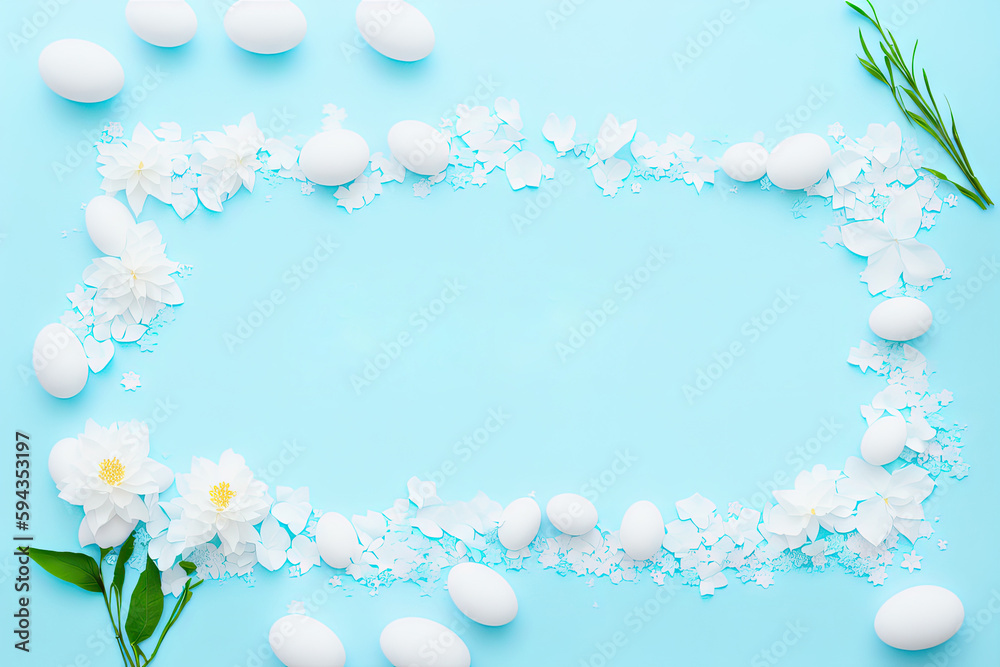an empty piece of paper surrounded by flowers and eggs, generative ai background