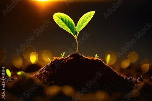 a young plant sprouts from the ground at sunset, generative ai © Aleksandr
