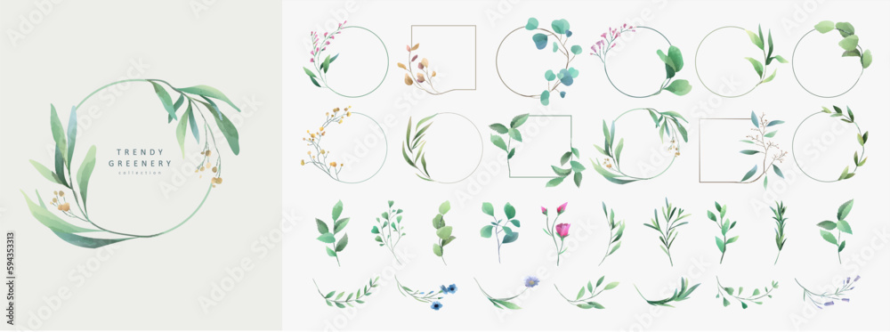 Set of floral watercolor logo elements. Wreath borders dividers, frame corners and minimalist flowers branch. Hand drawn line wedding herb, elegant leaves for invitation save the date card. Botanical - obrazy, fototapety, plakaty 