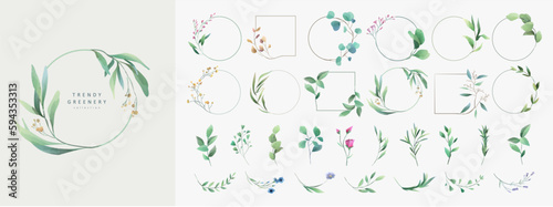 Set of floral watercolor logo elements. Wreath borders dividers, frame corners and minimalist flowers branch. Hand drawn line wedding herb, elegant leaves for invitation save the date card. Botanical