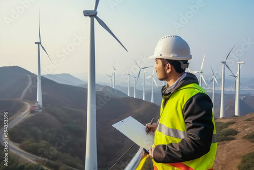 Younger maintenance engineer inspecting wind turbines, high quality generative ai