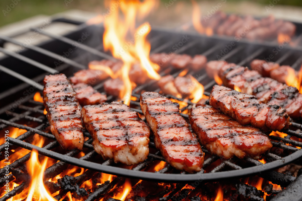 Grilling beef on a barbecue grill, Generative AI Grilling beef on a barbecue grill, Generative AI