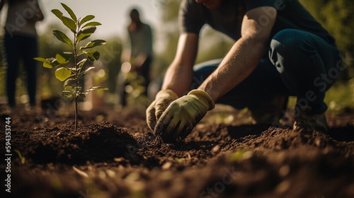 men are planting trees and watering them to help increase oxygen in the air and reduce global warming, Save world save life and Plant a tree