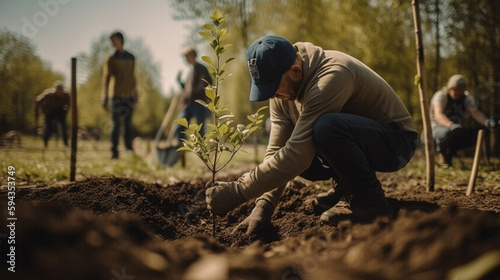 men are planting trees and watering them to help increase oxygen in the air and reduce global warming, Save world save life and Plant a tree
