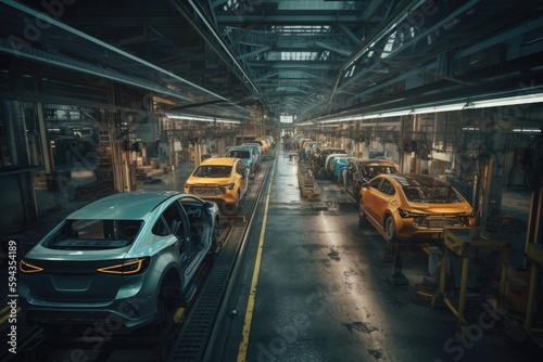 A car assembly factory in a wide hall . car industry. Ai generative