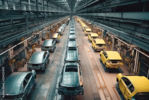 A car assembly factory in a wide hall . car industry. Ai generative