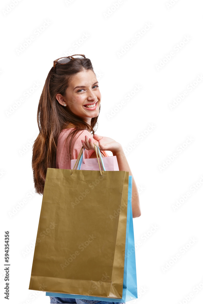 Woman with shopping bag in portrait, customer and retail with smile isolated on transparent, png background. Commerce, fashion store and female model with designer brand on sale at boutique in luxury Woman with shopping bag in portrait, customer and retail with smile isolated on transparent, png background. Commerce, fashion store and female model with designer brand on sale at boutique in luxury