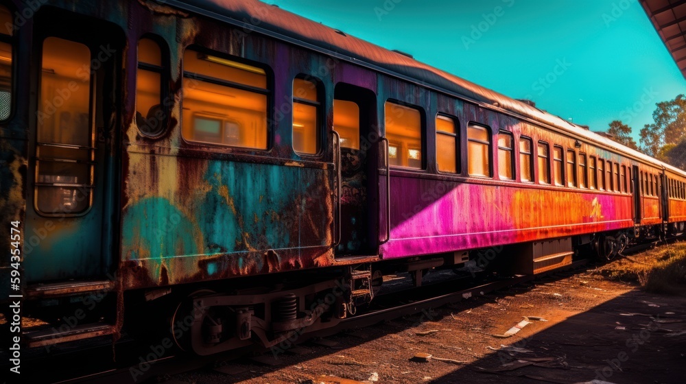 Abandoned colorful train. Generative ai.