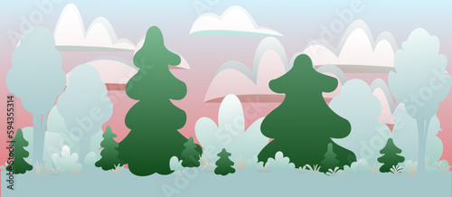 Red sunset evening. Winter landscape with snowdrifts and snow. View of white cold nature. Thickets of trees and shrubs. Cartoon fun style. Flat design. Vector