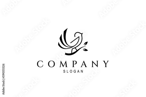 Bird logo perched on twig with leaves in flat design style