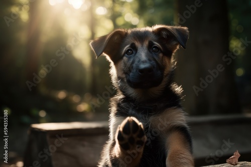 An environmental portrait photo of a German Shepherd puppy giving its paw, with a park as the background, with generative AI technology