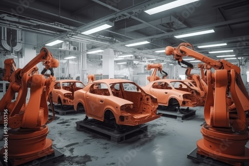 A car assembly factory in a wide hall . car industry. Ai generative