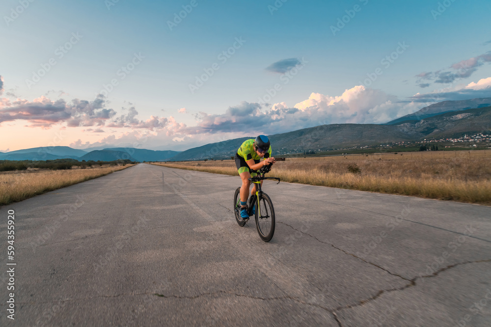  Triathlete riding his bicycle during sunset, preparing for a marathon. The warm colors of the sky provide a beautiful backdrop for his determined and focused effort.