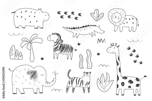 African animals set doodle vector linear drawing elephant, tiger, lion, rhinoceros, hippo, giraffe, zebra, tropical tree Cute children s illustrations EPS